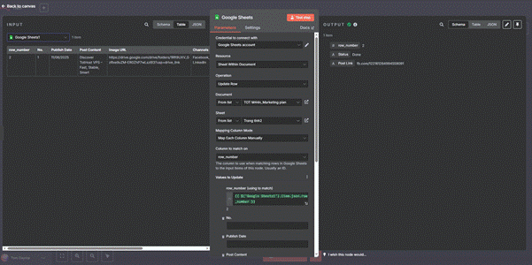 Cấu hình node Google Sheet để tự động thông báo kết quả về file