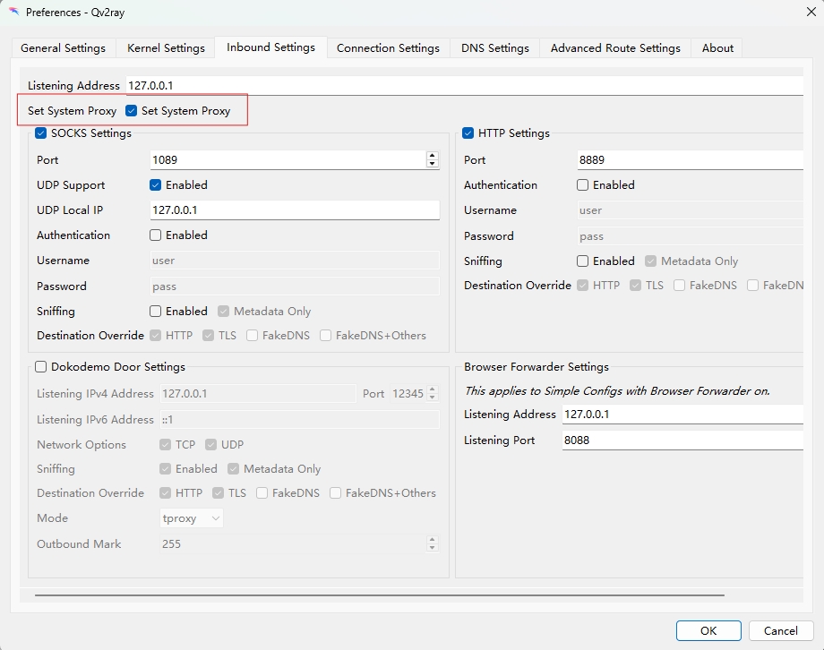 bước 3: vào inbound settings chọn set system proxy