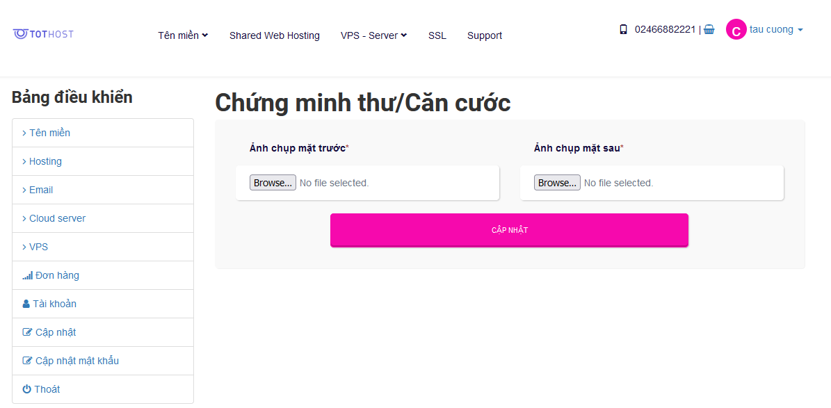 Cập nhật ảnh CCCD để đăng ký tên miền tại CloudyTek