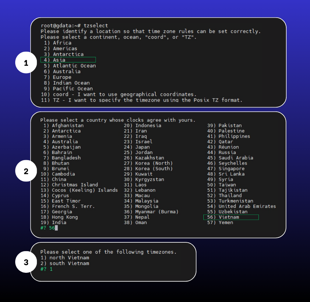 chọn múi giờ việt nam trên vps linux bằng tzselect