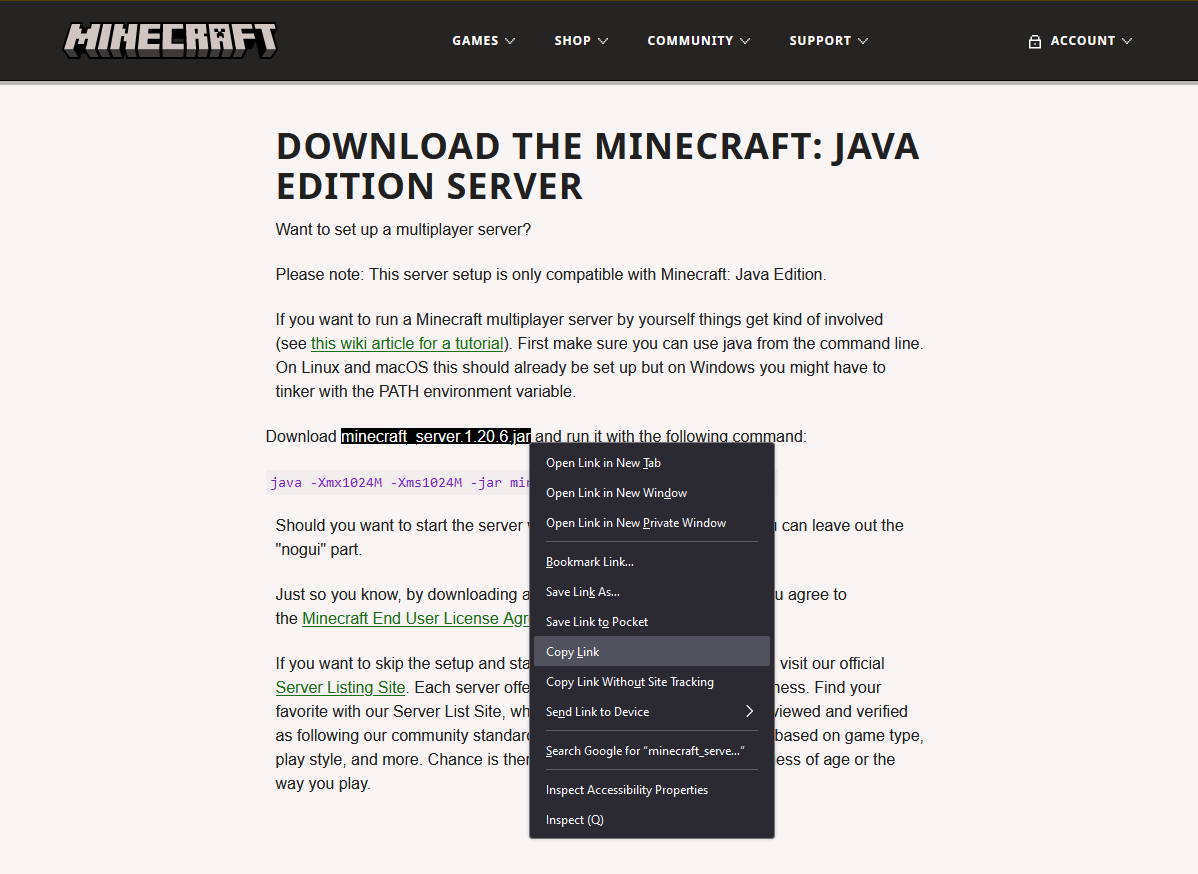 Sao chép link tải Minecraft server trên website