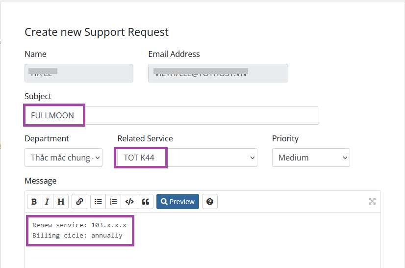 Gửi ticket gia hạn vps CloudyTek để nhận ưu đãi MOONFES tới 50%