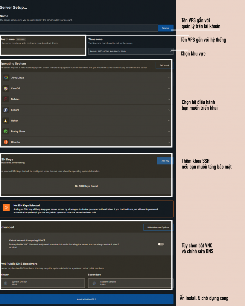 Giao diện set up VPS KVM