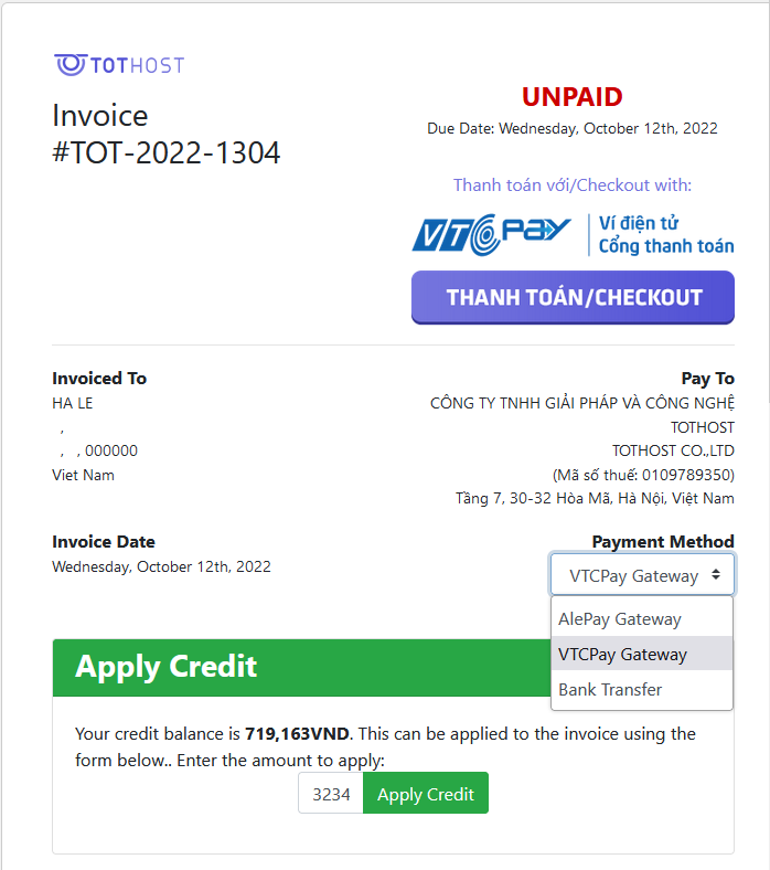 Hóa đơn thanh toán hệ thống CloudyTek