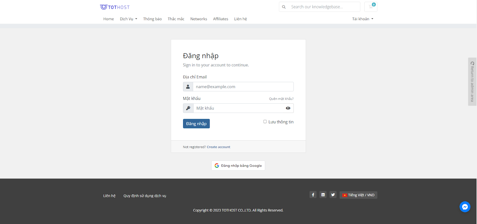 Đăng nhập trang quản trị VPS Tothost