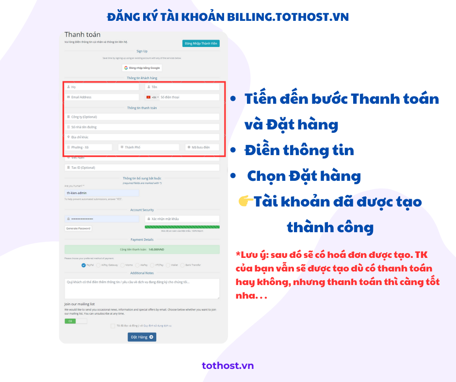 Điền thông tin tài khoản CloudyTek