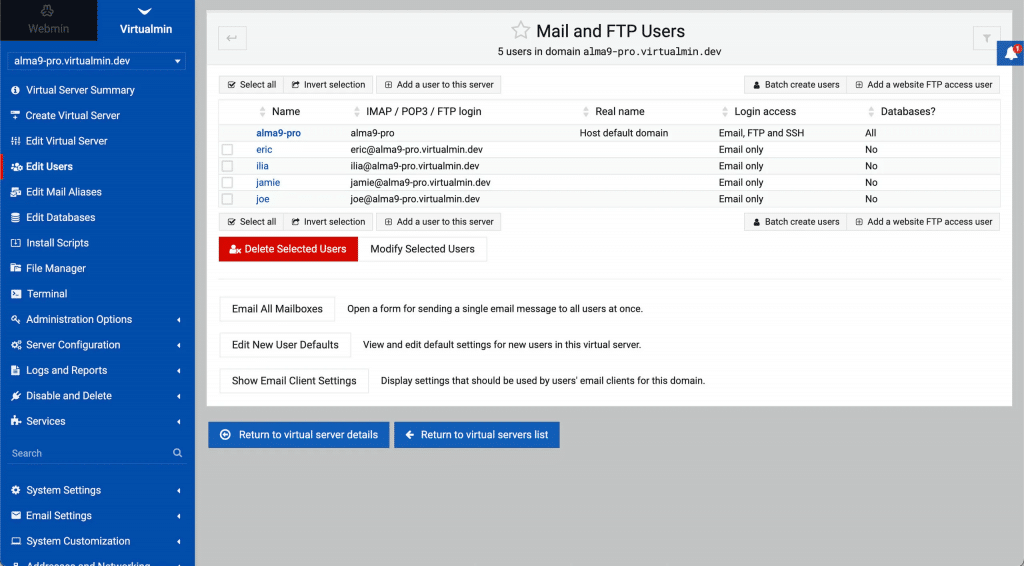 Giao diện của Virtualmin