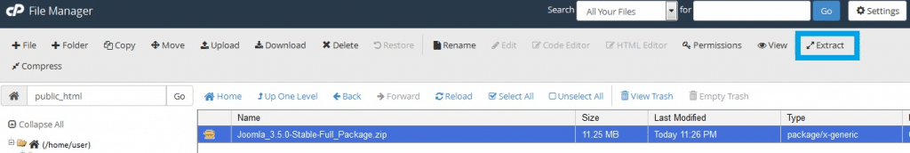 Upload file Joomla đã tải xuống (file .zip). Chuột phải Extract trên File Manager.