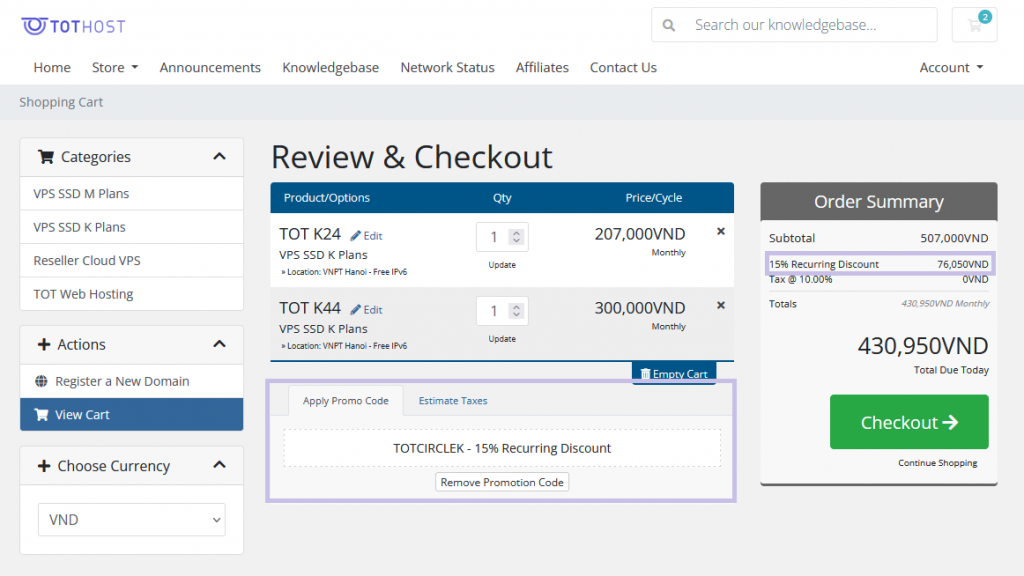 Hướng dẫn mua VPS TOT K kèm ưu đãi TOTCIRCLEK giảm 15% trọn đời